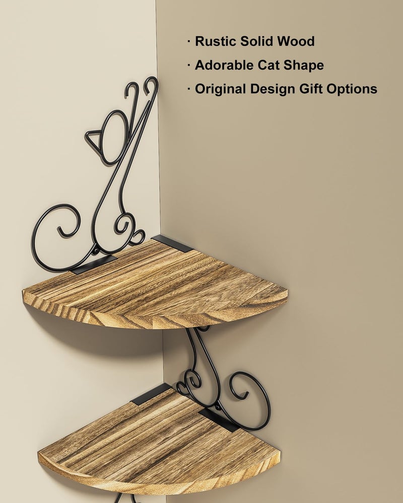 Alsonerbay Wall Mount Corner Shelves 4 Tier Floating Corner Storage Wood Shelves Decorative Rustic Radial Shelf in Cat Shape Carbonized Black - Image 4